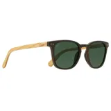 Lentes de sol con montura de madera color marrón y lentes verdes.
