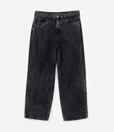Pantalón masculino de jeans azul oscuro con efecto lavado, corte super baggy, cintura con trabillas, cierre tradicional, bolsillos y detalles de desgaste.