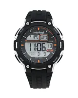 Reloj Mistral digital deportivo negro con detalles en naranja, correa de silicona negra y caja plateada.