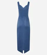 Vestido midi sin mangas de gamuza azul, con escote corazón, lastex en la espalda y encaje en el ruedo.
