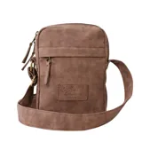 Bolso bandolera marrón de cuero sintético con logo Rip Curl grabado en el frente.