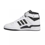 Zapatillas Adidas Forum Mid blancas con detalles en negro, incluyendo las tres tiras laterales, el logo y la suela.