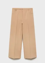 Pantalón wideleg color azul marino, de tiro medio y diseño palazzo. Presenta bolsillos laterales y traseros de ribete, cierre oculto con botón, gancho y cremallera. Diseño crop.