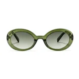 Lentes de sol redondos con marco de plástico reciclado color verde oliva y lentes degradados grises. Incluye estuche.