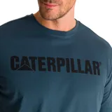 Remera gris jaspeado de manga corta con cuello redondo y logo de Caterpillar estampado en el pecho.