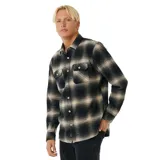 Camisa de franela a cuadros color negro y beige, de manga larga con dos bolsillos frontales con solapa abotonada.