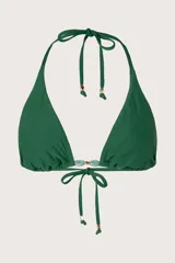 Top de bikini triángulo verde oscuro con costuras invisibles, tiras finas y detalle de cuentas en el centro.