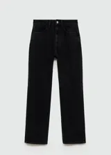 Pantalón de jean negro de corte recto, tiro medio y largo hasta el tobillo.