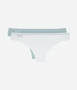 Kit de dos bombachas bikini hilo sin costuras, una blanca y otra celeste, con detalle de la marca en el lateral.