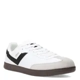 Championes urbanos Pony MOMA, color blanco con detalles en negro y gris. Presentan el logo de la marca en el lateral y suela marrón.