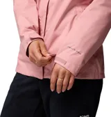 Campera impermeable y transpirable Columbia modelo Arcadia II, color rosa claro, con capucha ajustable y dobladillo con cordón. Presenta cierre frontal y bolsillos con cremallera.
