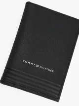 Billetera Tommy Hilfiger negra de piel con logo en relieve en el frente y múltiples ranuras interiores para tarjetas.