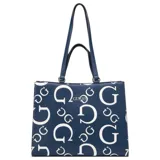 Cartera tote grande Guess modelo Forber, color azul con estampado de logos "G" en blanco. Tiene doble asa de hombro azul, cierre superior y múltiples bolsillos internos.