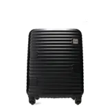 Valija rígida con diseño de líneas horizontales, cuatro ruedas y asa retráctil.