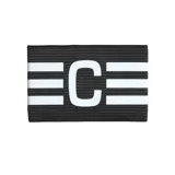 Banda de capitán Adidas Tiro League negra con tres tiras blancas y logo de la marca.