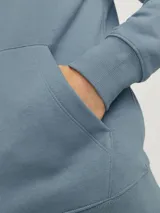 Canguro azul con capucha, de manga larga, con bolsillo tipo canguro y corte relajado.