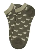 Calcetines tobilleros grises con puño negro y estampado de patos negros.