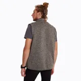 Chaleco de polar color gris jaspeado con cierre frontal, cuello alto, bolsillo en el pecho con cierre y bolsillos laterales con interior de polar.