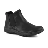 Botín Chelsea sin cordones, color negro, con capellada de microfibra sintética, plantilla Skechers Air Cooled Memory Foam, media suela con absorción de impactos y suela de goma flexible.
