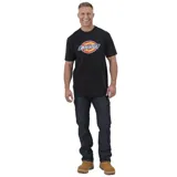 Remera negra de manga corta con logo Dickies tricolor estampado en el pecho.