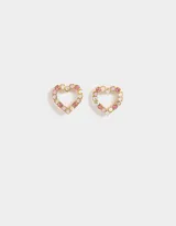 Aros pasantes dorados con forma de corazón, decorados con strass en tonos rosa y blanco.