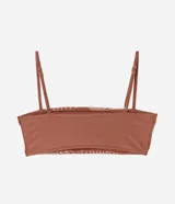 Top de bikini bandeau color ladrillo con bordado de caracolas en color crudo, breteles finos ajustables y escote recto.