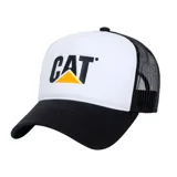 Gorro de camionero CAT con frente blanco, visera y contorno negros, y malla negra en la parte trasera. Presenta el logo de CAT en el frente con letras negras y triángulo amarillo.