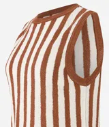 Blusa sin mangas de punto con cuello redondo y rayas verticales en tonos marrón y blanco.