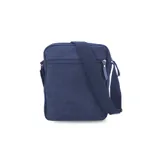 Morral bandolera negro de tela canvas con correa regulable. Tiene apertura superior con cierre, bolsillo frontal con cierre, bolsillos internos y bolsillo trasero con cierre.