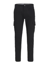 Pantalón cargo negro con cierre de cremallera y bolsillos laterales. Confeccionado en tela resistente de algodón y elastano.