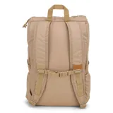 Mochila Jansport Hatchet color beige con detalles en cuero marrón.