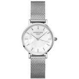 Reloj Rosefield modelo The Small Edit 26WS-266, con caja redonda de acero plateado de 26mm de diámetro y esfera de nácar blanco. La correa es de malla de acero inoxidable plateada e intercambiable con otras colecciones Small Edit y Premium Gloss (26mm).