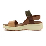 Sandalias de cuero color marrón claro, con plataforma blanca y suela color ladrillo. Tiene una tira ancha sobre los dedos y una pulsera con velcro en el tobillo.