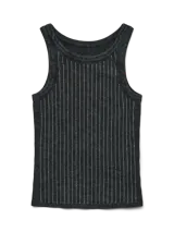 Musculosa negra con cuello redondo y tirantes anchos. Diseño ajustado con líneas verticales de strass plateado.