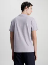 Remera gris de manga corta con cuello redondo y bolsillo en el pecho con estampado abstracto y logo de Calvin Klein.