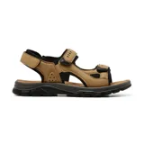 Sandalias de cuero color marrón con ajuste de velcro, suela de goma negra y plantilla acolchada.