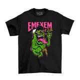Remera amarilla con estampado de Slimer, el fantasma de Los Cazafantasmas, con la leyenda "Eat Fast Die Young".