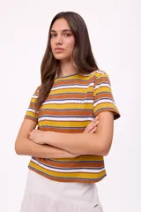 Remera marrón a rayas horizontales blancas, celestes y bordó, de algodón.