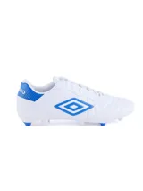 Championes de fútbol Umbro Touch FG, color blanco con detalles en azul.