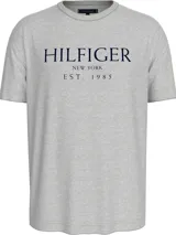 Remera gris de algodón con cuello redondo y logo Tommy Hilfiger estampado en azul marino en el pecho.