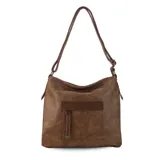Cartera de cuero color marrón claro, con bolsillo frontal con tapa y cierre. Incluye división interna, bolsillos internos y bolsillo trasero con cierre. Tiene correa larga regulable y asa de mano.