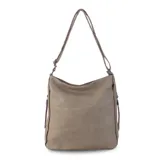 Cartera color visón, con apertura superior con cierre, detalle frontal en costura, dos bolsillos internos, bolsillo divisor en el forro, bolsillos laterales con cierre y correa larga regulable.