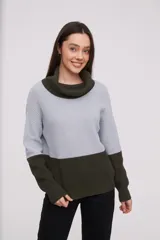 Polera de tejido de punto con cuello alto, en combinación de colores gris y verde oscuro, de manga larga.