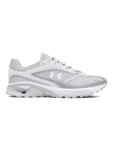 Zapatillas deportivas unisex Under Armour modelo HOVR Apparition, color blanco con detalles plateados. Diseño retro con detalles de cuero en la parte superior y amortiguación UA HOVR.