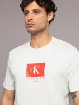 Remera blanca de manga corta con cuello redondo y logo de Calvin Klein en un recuadro rojo.