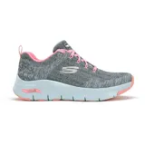 Championes Skechers Arch Fit Comfy Wave, color gris con detalles en rosa. Capellada de tejido knit de malla, cordones, plantilla Arch Fit extraíble con soporte en el arco plantar y media suela con amortiguación.