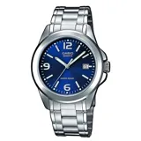 Reloj Casio plateado con esfera azul, agujas luminiscentes y calendario.