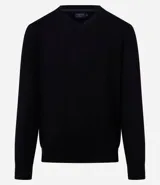 Suéter azul marino de tejido de punto liso, con cuello V y mangas largas.