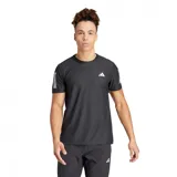 Remera deportiva Adidas Own The Run para hombre, color negro con logo blanco en el pecho y tres tiras blancas en las mangas. Cuello redondo con inscripción "Running".