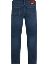 Pantalón de jean azul de corte recto, con efecto desgastado, diseño de cinco bolsillos y cierre de botón y cremallera.